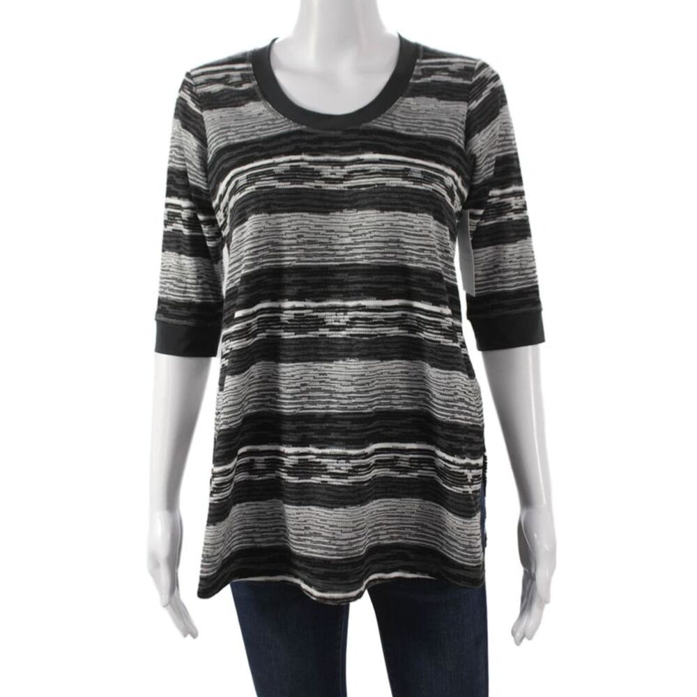 Sympli Womens Tunic 3/4 Sleeve Striped Round Neck Black Polyester Size S